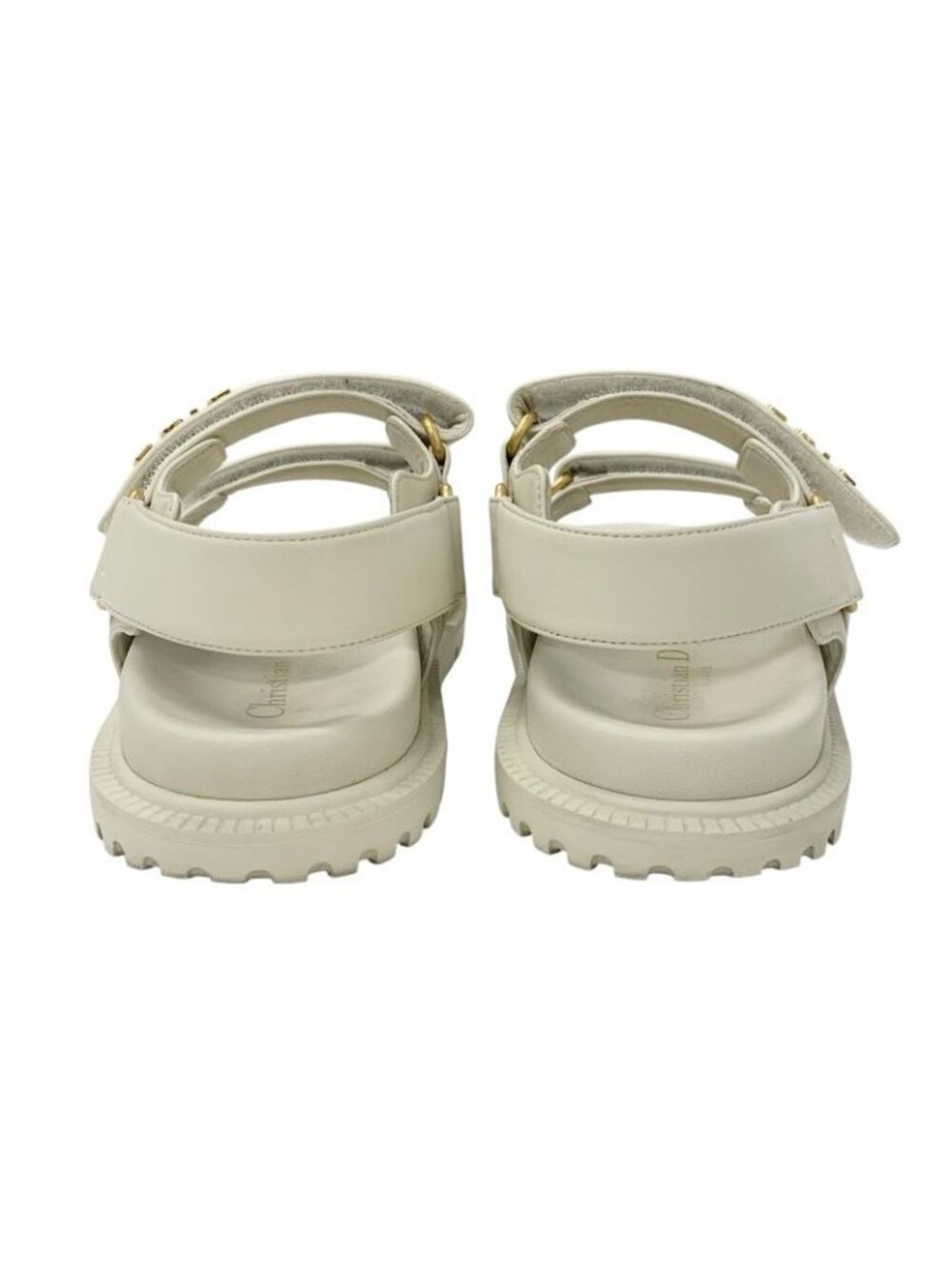 Christian Dioract Sandals Shoes Lambskin Ivory Gold Logo Velcro Strap - Picture 6 of 10
